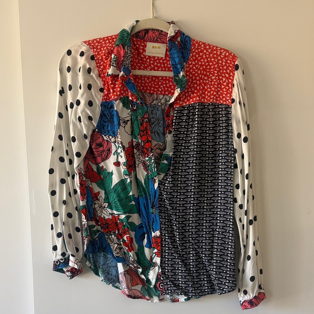 Mixed-Print Button Front Blouse